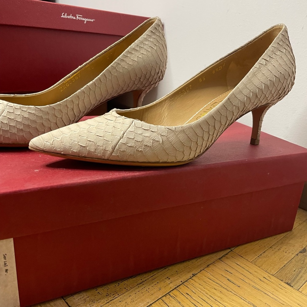 Salvatore Ferragamo almond reptile heels